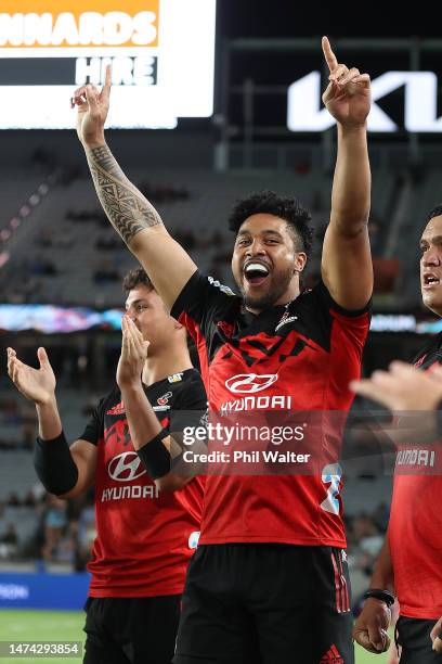 Leicester Fainga'a'nuku of the Crusaders celebrates on full time during the round four Super Rugby Pacific match between Blues and Crusaders at Eden...