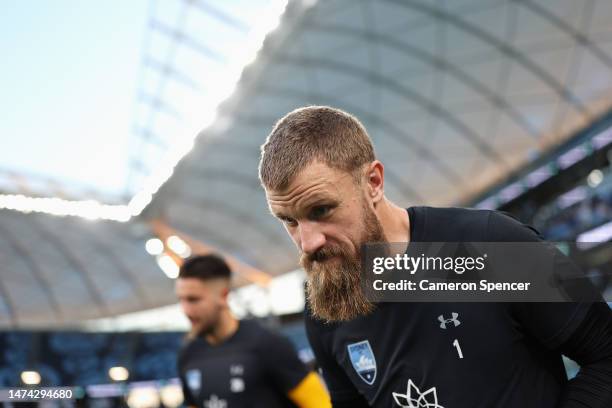 Sydney FC goalkeeper Andrew Redmayne heads out for warm up during the round 21 A-League Men's match between Sydney FC and Western Sydney Wanderers at...