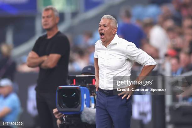 Sydney FC Manager Steve Corica shows his emotion during the round 21 A-League Men's match between Sydney FC and Western Sydney Wanderers at Allianz...