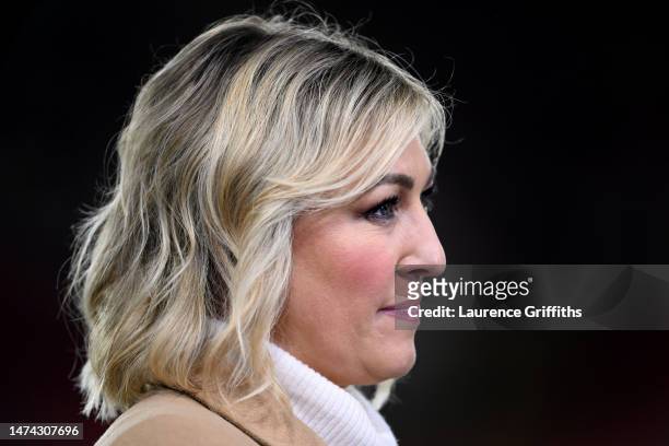 Sky Sports Presenter, Kelly Cates look on during the Premier League match between Nottingham Forest and Newcastle United at City Ground on March 17,...