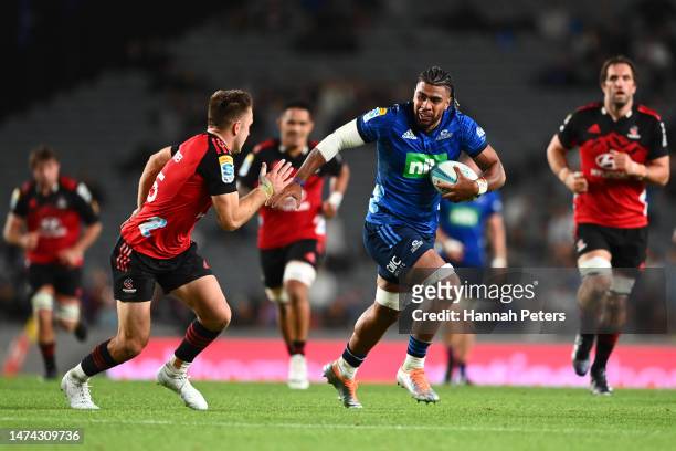Hoskins Sotutu of the Blues makes a break during the round four Super Rugby Pacific match between Blues and Crusaders at Eden Park, on March 18 in...