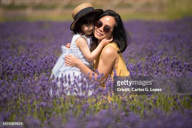 a young asian mother wearing a yellow jumpsuit dress an sunglasses hugging her daughter while sitting in the middle of a lavender field in a sunny summer day in kinross, scotland, uk - girls jumpsuit stock pictures, royalty-free photos & images