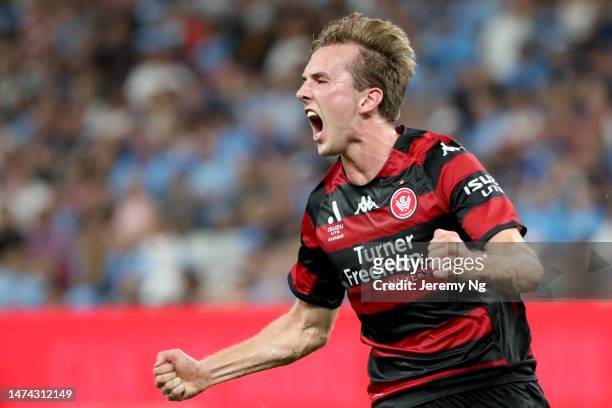 Calem Nieuwenhof of the Wanderers celebrates scoring a goal during the round 21 A-League Men's match between Sydney FC and Western Sydney Wanderers...