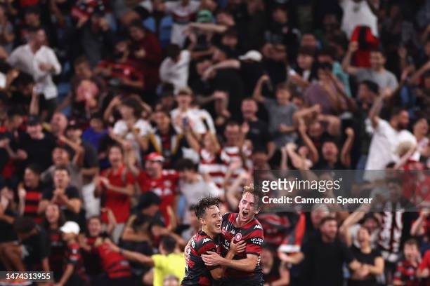 Calem Nieuwenhof of the Wanderers celebrates kicking a goal with Aidan Simmons of the Wanderers during the round 21 A-League Men's match between...