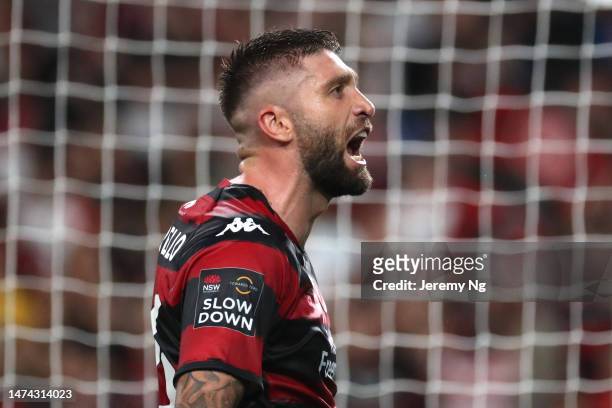 Brandon Borrello of the Wanderers celebrates the goal scored by Amor Layouni during the round 21 A-League Men's match between Sydney FC and Western...