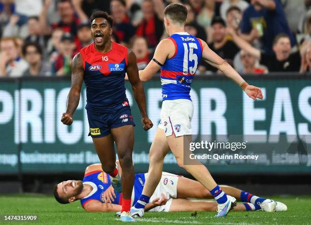 Kysaiah Pickett of the Demons celebrates kicking a goal during the round one AFL match between Melbourne Demons and Western Bulldogs at Melbourne...