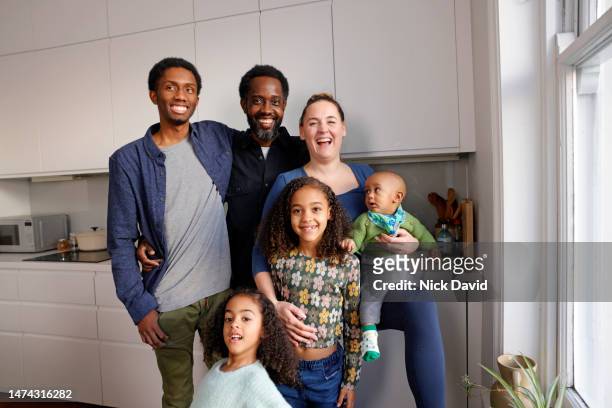 a portrait of a happy young family at home in the kitchen - stepfamily fotografías e imágenes de stock