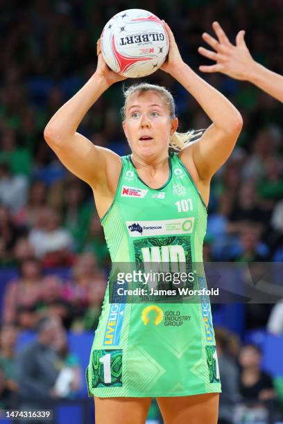 Jess Anstiss of the fever looks to pass across the court during the round one Super Netball match between West Coast Fever and Melbourne Vixens at...