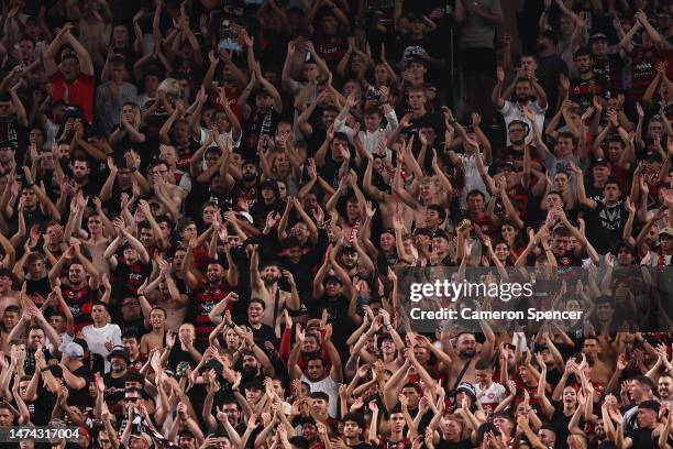 Wanderers fans cheer during the round 21 A-League Men's match between Sydney FC and Western Sydney Wanderers at Allianz Stadium, on March 18 in...