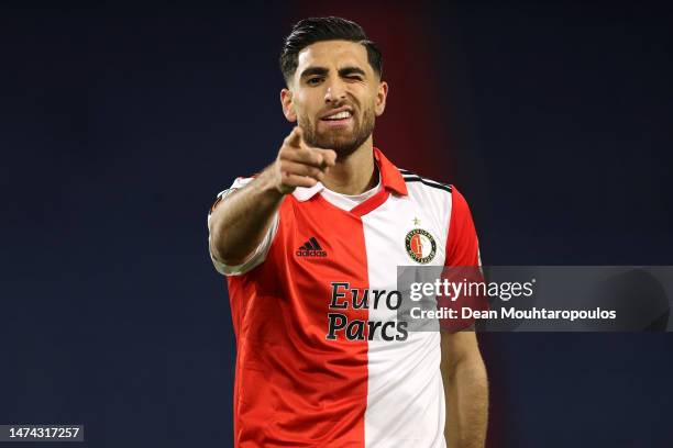 Alireza Jahanbakhsh of Feyenoord celebrates after scoring the team's sixth goal during the UEFA Europa League round of 16 leg two match between...