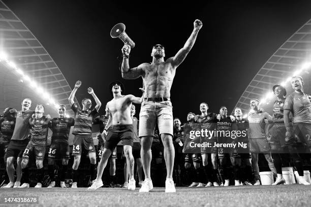 The Wanderers celebrate with their fans after winning the round 21 A-League Men's match between Sydney FC and Western Sydney Wanderers at Allianz...