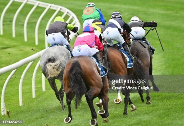 General view as the field turns into the straight in Race 3, the Piper-heidsieck The Mystic Journey, during Melbourne Racing at Moonee Valley...