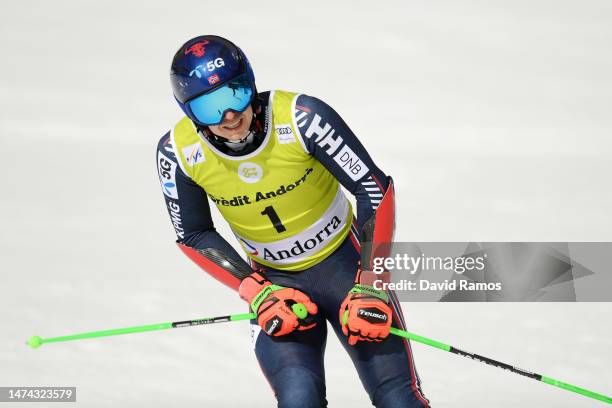 Henrik Kristoffersen of Norway reacts after his second run of Men's Giant Slalom at the Audi FIS Alpine Ski World Cup Finals on March 18, 2023 in...