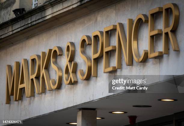 The sign for a branch of the high street retailer Marks & Spencer is seen on March 18, 2023 in Bath, England. Founded in 1884, Marks and Spencer...