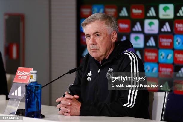 Carlo Ancelotti attends during his press conference after the training session of Real Madrid before the classic match against FC Barcelona at Ciudad...