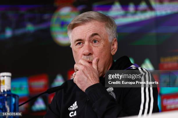 Carlo Ancelotti attends during his press conference after the training session of Real Madrid before the classic match against FC Barcelona at Ciudad...