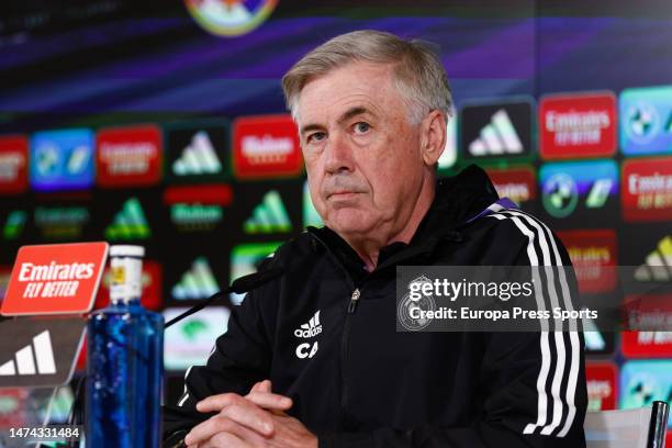 Carlo Ancelotti attends during his press conference after the training session of Real Madrid before the classic match against FC Barcelona at Ciudad...