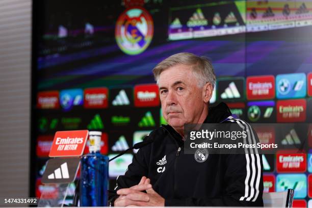 Carlo Ancelotti attends during his press conference after the training session of Real Madrid before the classic match against FC Barcelona at Ciudad...