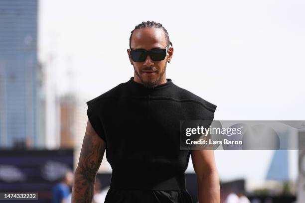 Lewis Hamilton of Great Britain and Mercedes walks in the Paddock prior to final practice ahead of the F1 Grand Prix of Saudi Arabia at Jeddah...