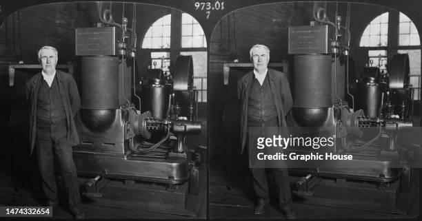 Stereoscopic image showing American inventor Thomas Edison and his original dynamo developed for producing electricity for electric lighting, at the...