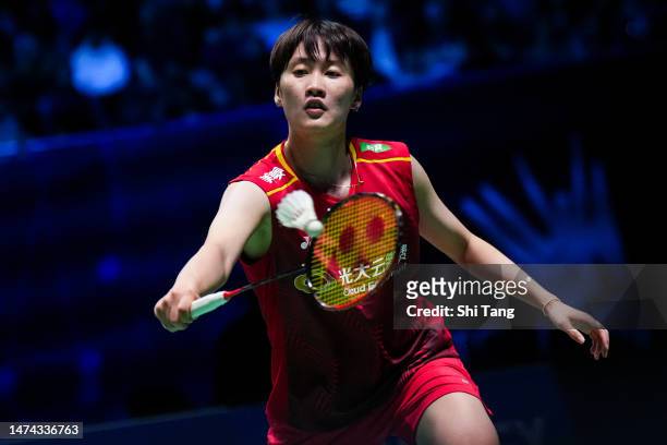 Chen Yufei of China competes in the Women's Singles semi finals match against Akane Yamaguchi of Japan on day five of the Yonex All England Badminton...