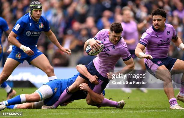Blair Kinghorn of Scotland scores the team's second try during the Six Nations Rugby match between Scotland and Italy at Murrayfield Stadium on March...