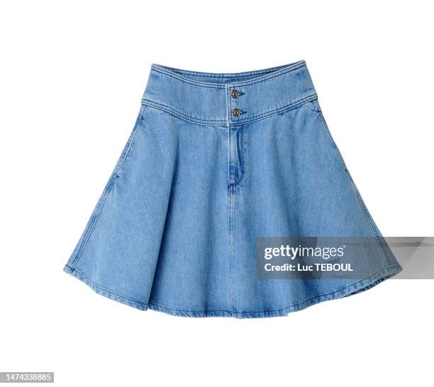 jeans skirt white background - mini jupe photos et images de collection