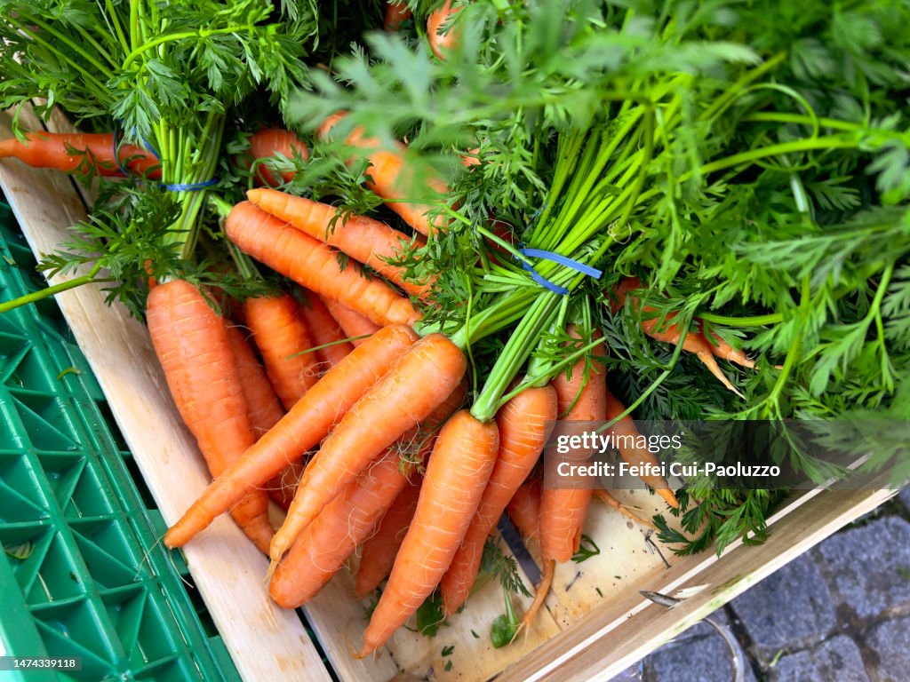 Carrots for sale at street market at old town of Biel