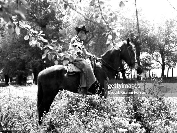 Spanish bullfighters Sebastian Palomo Linares (1947-2017 riding a horse on his farm in Aranjuez, Spain, 1972