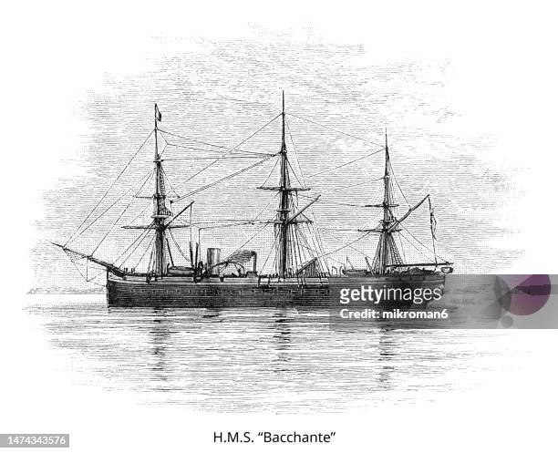 old engraved illustration of hms bacchante was a bacchante-class ironclad screw-propelled corvette of the royal navy (ship on which the princes george and albert served as midshipmen) - ironclad stock pictures, royalty-free photos & images