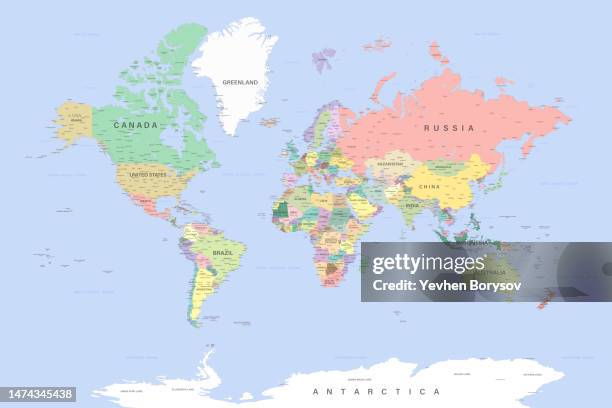 political map of the world with borders countries. large map - atlas fotografías e imágenes de stock