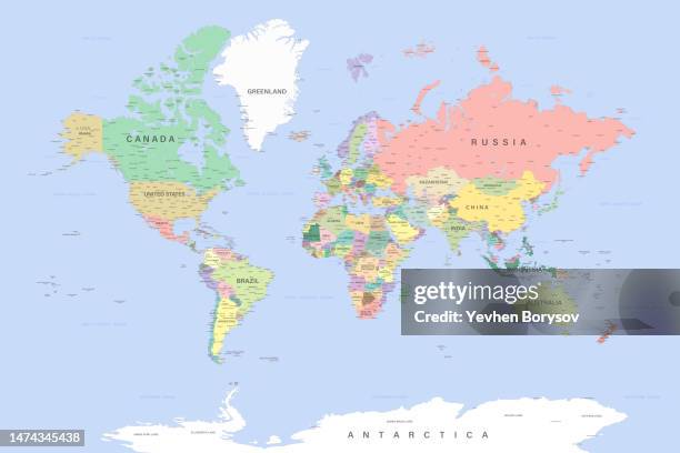 political map of the world with borders countries. large map - world map foto e immagini stock