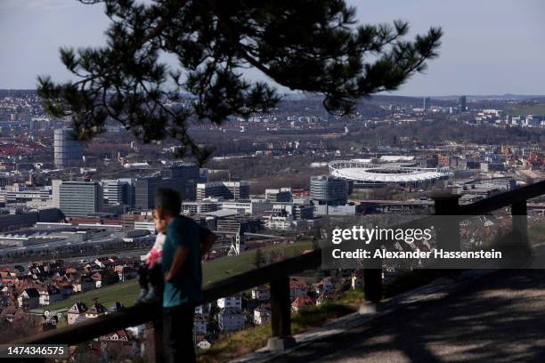 General view outside the stadium prior to the Bundesliga match between VfB Stuttgart and VfL Wolfsburg at Mercedes-Benz Arena on March 18, 2023 in...