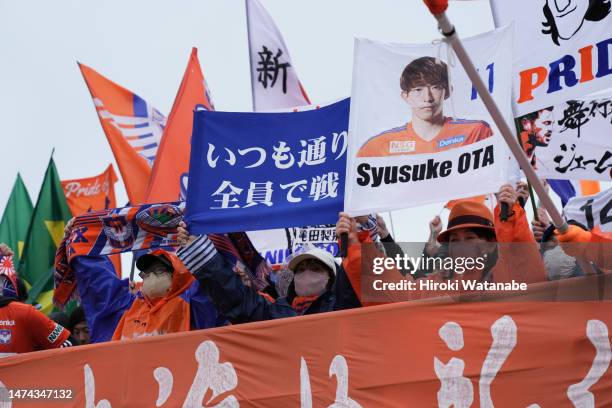 Fans of Albirex Niigata cheer prior to the J.LEAGUE Meiji Yasuda J1 5th Sec. Match between Urawa Red Diamonds and Albirex Niigata Urawa Komaba...