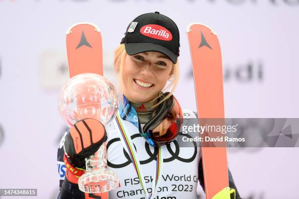 Slalom World Cup Champion Mikaela Shiffrin of United States poses for a photo during the victory ceremony for Women's Slalom at the Audi FIS Alpine...