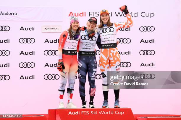 Silver medalist Wendy Holdener of Switzerland, gold medalist Mikaela Shiffrin of United States and bronze medalist Petra Vlhova of Slovakia pose for...