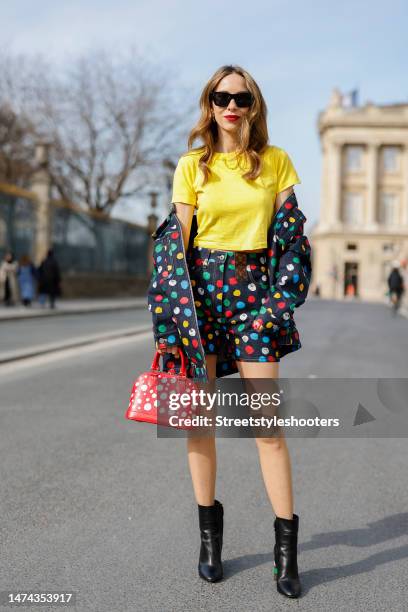 Alexandra Lapp is seen wearing at total LOUIS VUITTON x YAYOI KUSAMA during on March 1, 2023 in Paris, France.