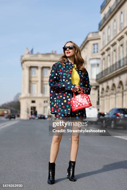 Alexandra Lapp is seen wearing at total LOUIS VUITTON x YAYOI KUSAMA during on March 1, 2023 in Paris, France.