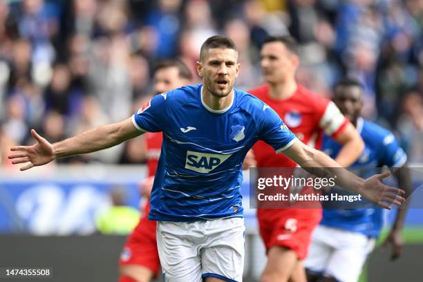 Andrej Kramaric of TSG Hoffenheim celebrates after scoring the team's first goal from a penalty kick during the Bundesliga match between TSG...