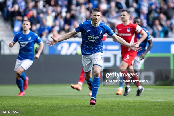 Andrej Kramaric of Hoffenheim celebrates his side's first goal during the Bundesliga match between TSG Hoffenheim and Hertha BSC at PreZero-Arena on...