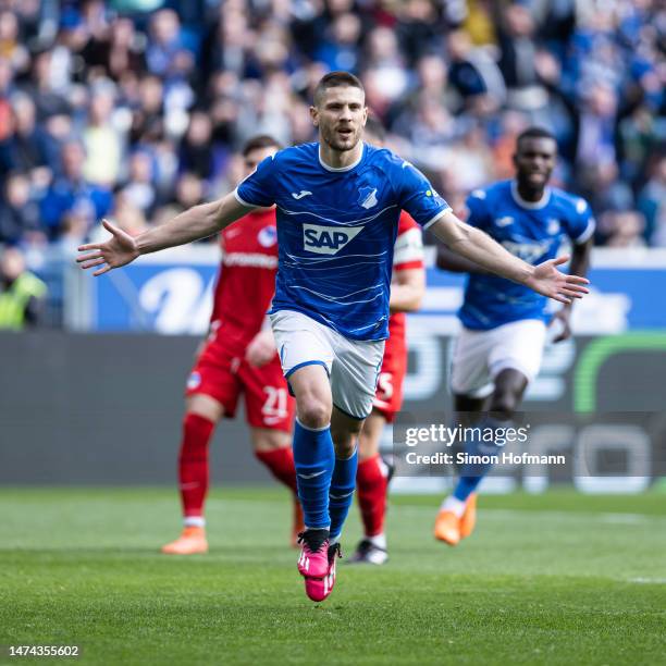 Andrej Kramaric of Hoffenheim celebrates his side's first goal during the Bundesliga match between TSG Hoffenheim and Hertha BSC at PreZero-Arena on...