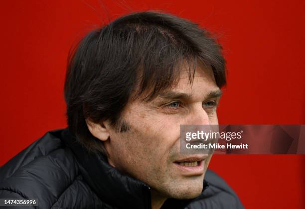 Antonio Conte, Manager of Tottenham Hotspur, looks on prior to the Premier League match between Southampton FC and Tottenham Hotspur at Friends...