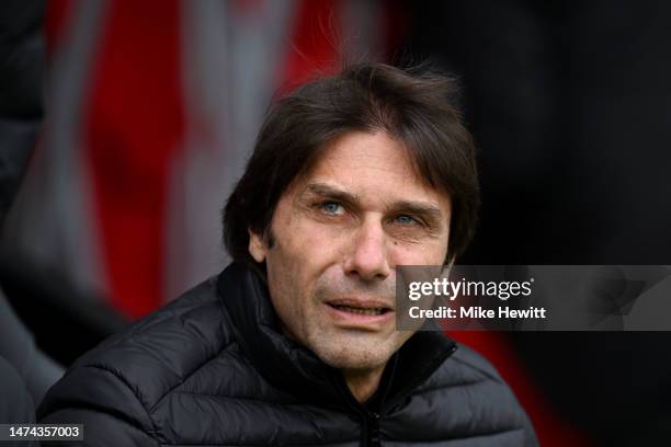 Antonio Conte, Manager of Tottenham Hotspur, looks on prior to the Premier League match between Southampton FC and Tottenham Hotspur at Friends...