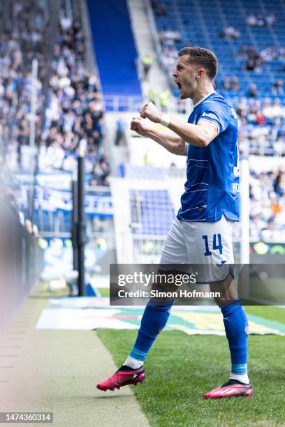 Christoph Baumgartner of Hoffenheim celebrates his side's first goal during the Bundesliga match between TSG Hoffenheim and Hertha BSC at...