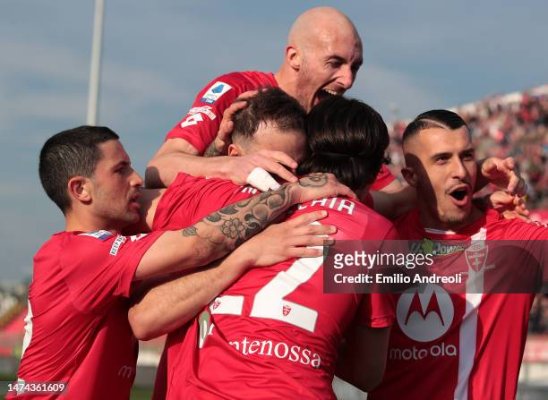 Carlos Augusto of AC Monza celebrates with his teammates after scoring the team's first goal during the Serie A match between AC Monza and US...
