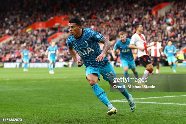 Pedro Porro of Tottenham Hotspur celebrates after scoring the team's first goal during the Premier League match between Southampton FC and Tottenham...