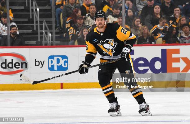 Jeff Petry of the Pittsburgh Penguins skates against the New York Rangers at PPG PAINTS Arena on March 12, 2023 in Pittsburgh, Pennsylvania.
