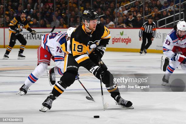 Alex Nylander of the Pittsburgh Penguins skates against the New York Rangers at PPG PAINTS Arena on March 12, 2023 in Pittsburgh, Pennsylvania.