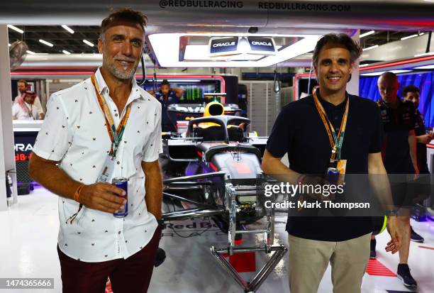 Gabriel Batistuta and Nuno Gomes pose for a photo outside the Red Bull Racing garage during qualifying ahead of the F1 Grand Prix of Saudi Arabia at...