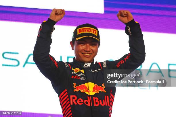 Race winner Ayumu Iwasa of Japan and DAMS celebrates on the podium during the Round 2:Jeddah Sprint race of the Formula 2 Championship at Jeddah...